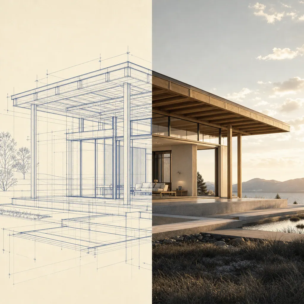 Illustrative architectural pavilion, half as an architect's line drawing and half as a visualization render